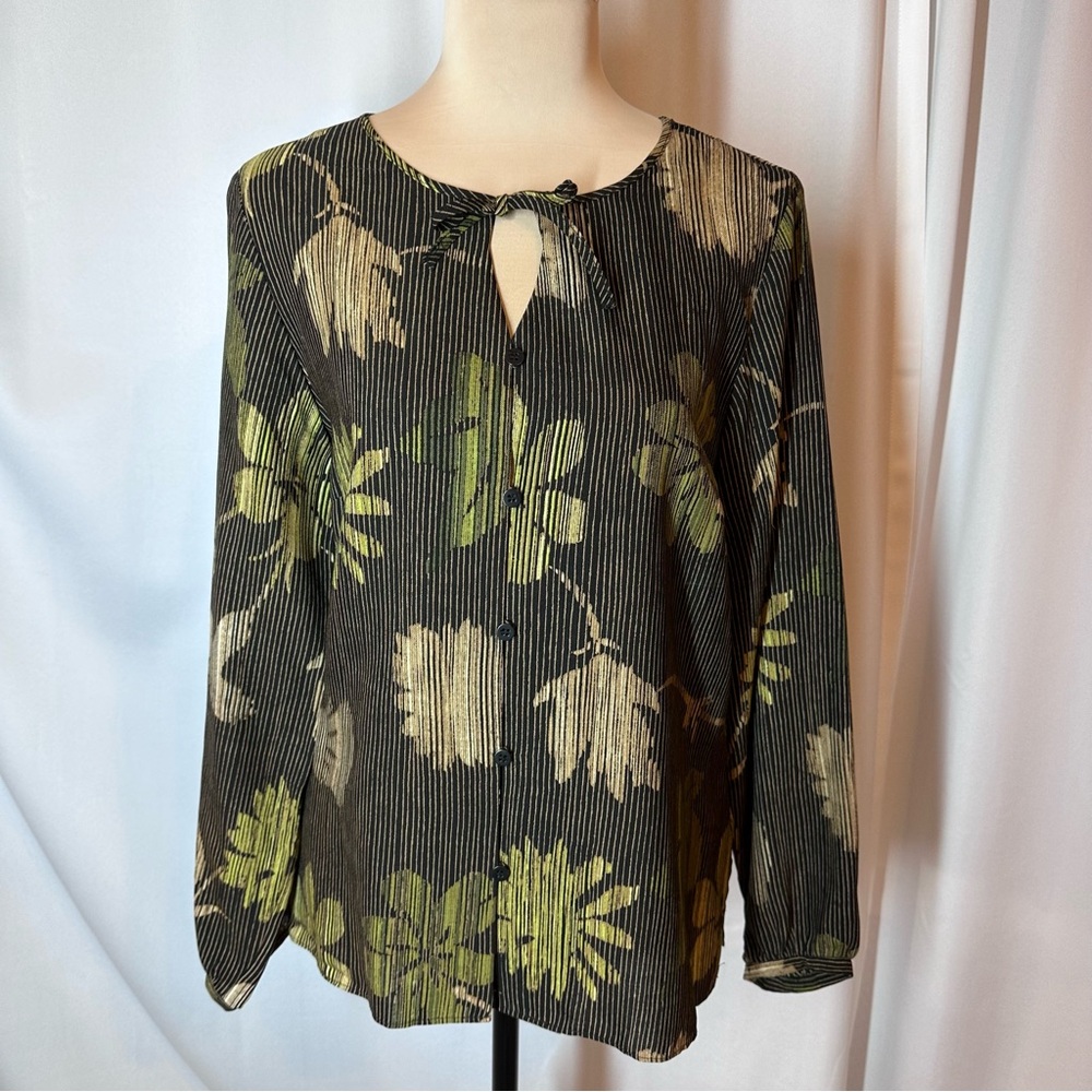 Sigrid Olsen Blouse Sz M Wool/Silk Blend Floral Striped Keyhole Boho Capsule EUC